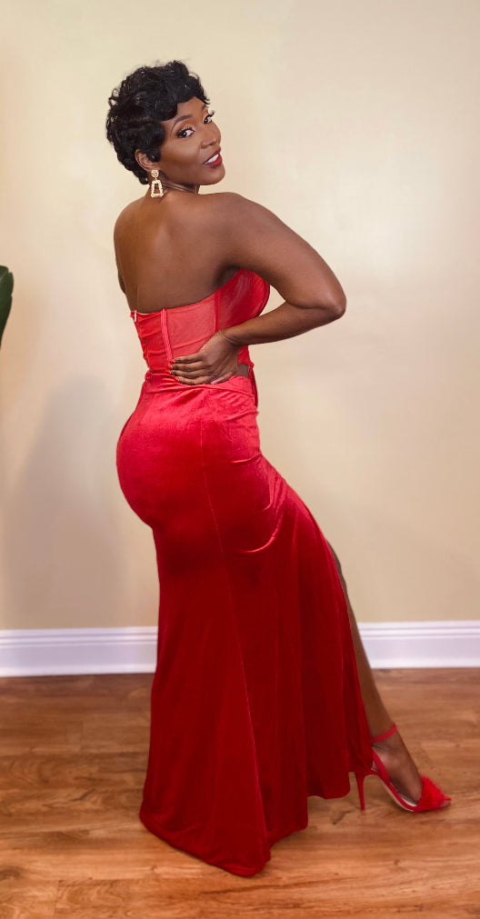 VELVET CORSET MAXI DRESS (RED) Sugar N Spice Boutique VELVET CORSET MAXI DRESS (RED) Sugar N Spice Boutique