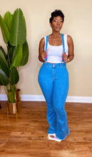 Load image into Gallery viewer, FLARE LEG SUSPENDER JEANS (Medium Blue)