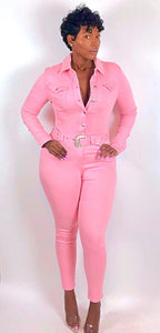 Western Belt Denim Jumpsuit (Pink)